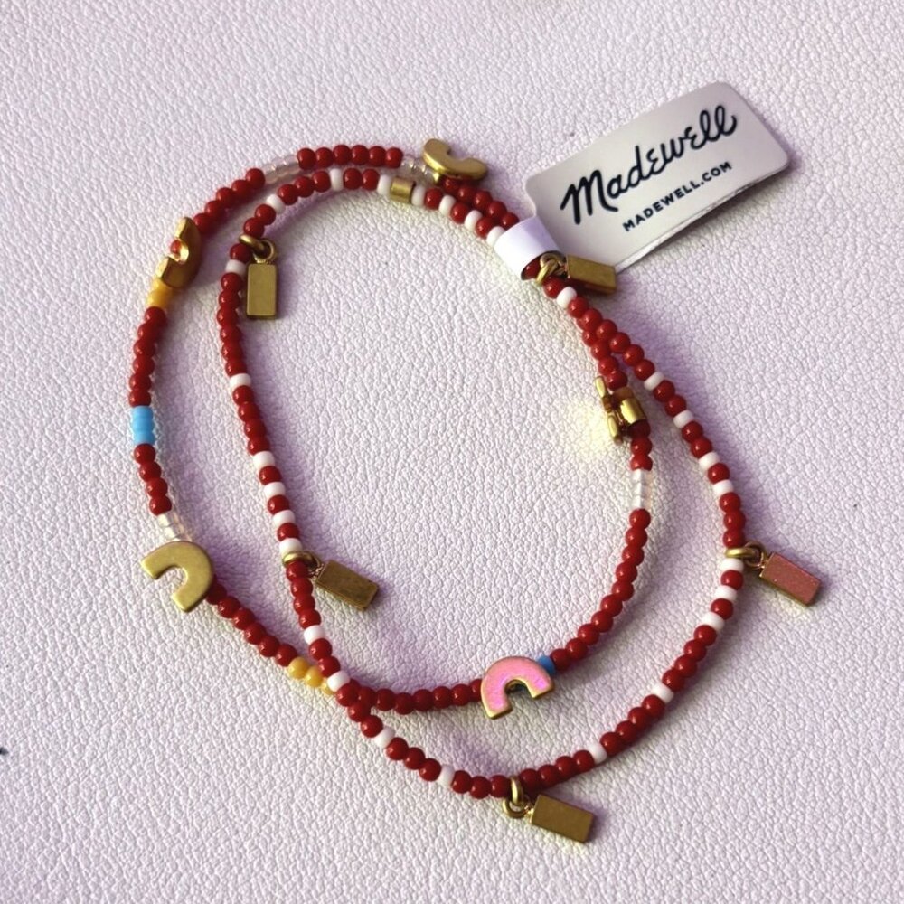 NWT MADEWELL Set of 2 Seed Bead Bracelets Red Gold Blue 7" Boho Stack Stretch - Picture 3 of 3